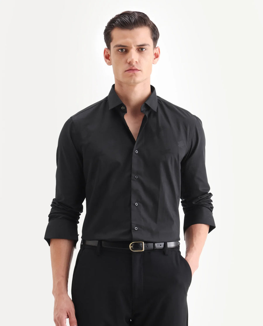 Rare Rabbit Men's Sherdâ Black Cotton Jacquard Regular Fit Full Sleeve Collared Shirt