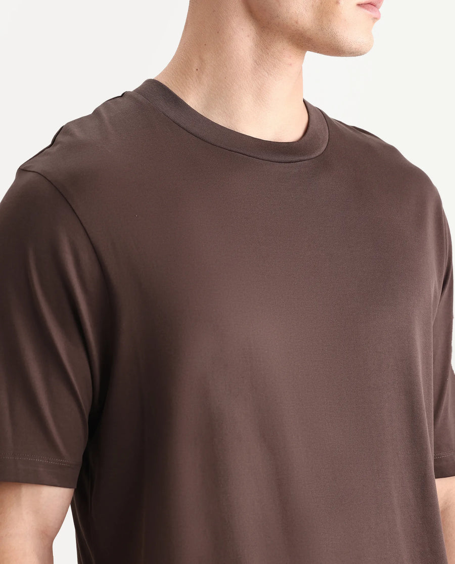 Rare Rabbit Men's Barcelon Dusky Brown Cotton Plain Oversized Fit Half Sleeve Crew Neck T-Shirt