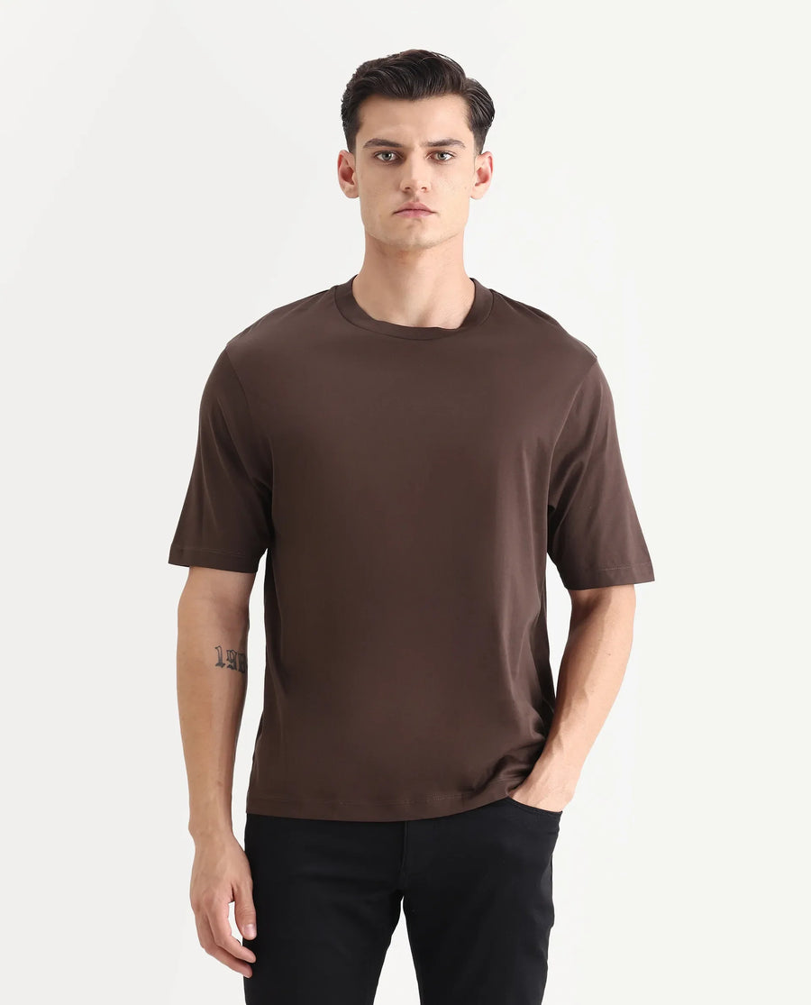 Rare Rabbit Men's Barcelon Dusky Brown Cotton Plain Oversized Fit Half Sleeve Crew Neck T-Shirt