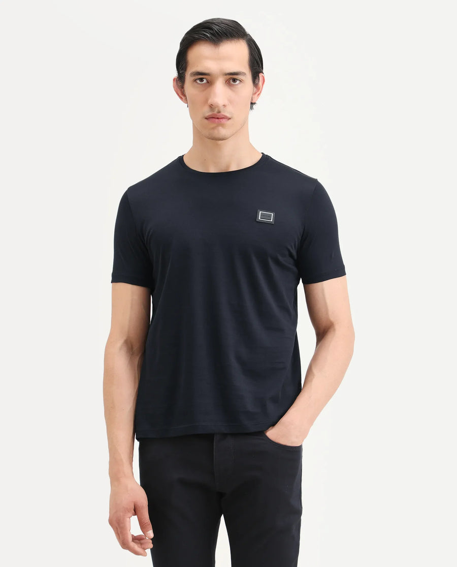 Rare Rabbit Men's Badgen Navy Cotton Plain Regular Fit Half Sleeve Crew Neck T-Shirt