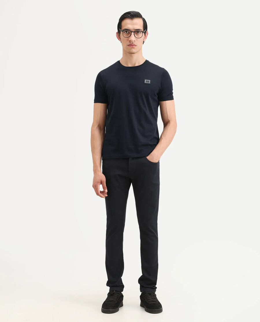 Rare Rabbit Men's Badgen Navy Cotton Plain Regular Fit Half Sleeve Crew Neck T-Shirt