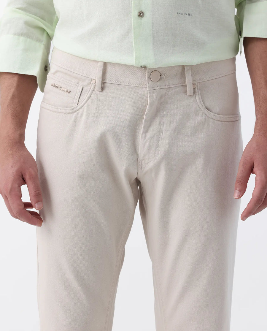 Rare Rabbit Men's Spoke 24 Light Beige Cotton Blend Plain Regular Fit Trouser