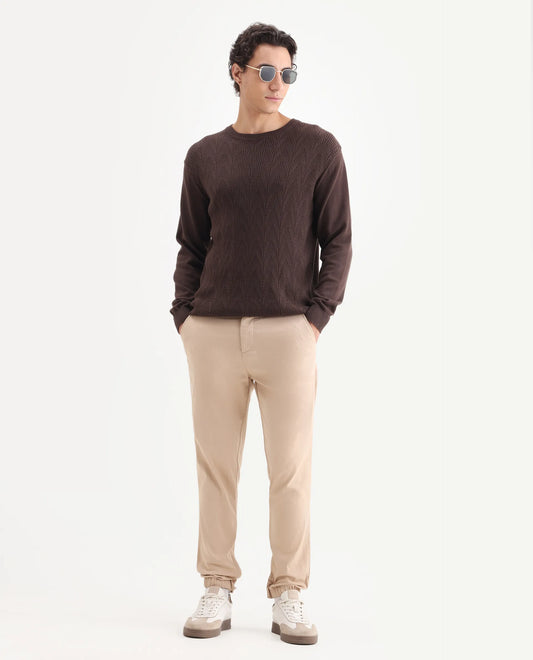 Rare Rabbit Men's Zade Khaki Cotton Blend Plain Regular Fit Trouser