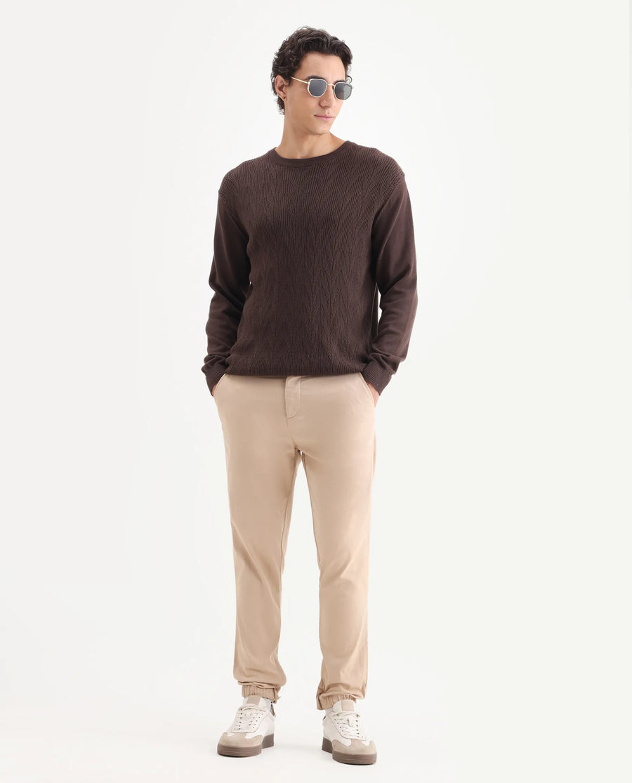 Rare Rabbit Men's Zade Khaki Cotton Blend Plain Regular Fit Trouser