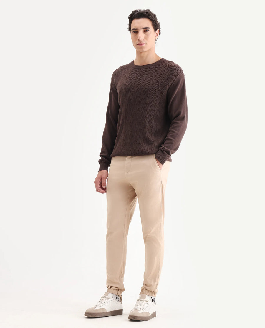 Rare Rabbit Men's Zade Khaki Cotton Blend Plain Regular Fit Trouser