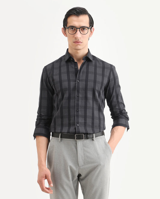 Rare Rabbit Men's Villum Black Cotton Embroidered Regular Fit Full Sleeve Collared Shirt