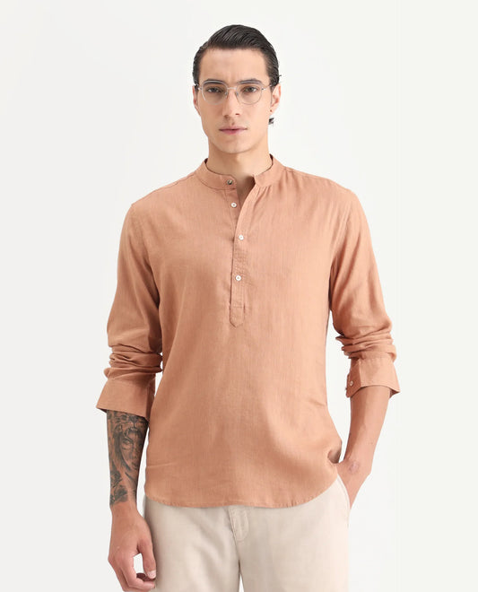 Rare Rabbit Men's Joi Beige 100% Linen Plain Regular Fit Full Sleeve Mandarin Collar Kurta