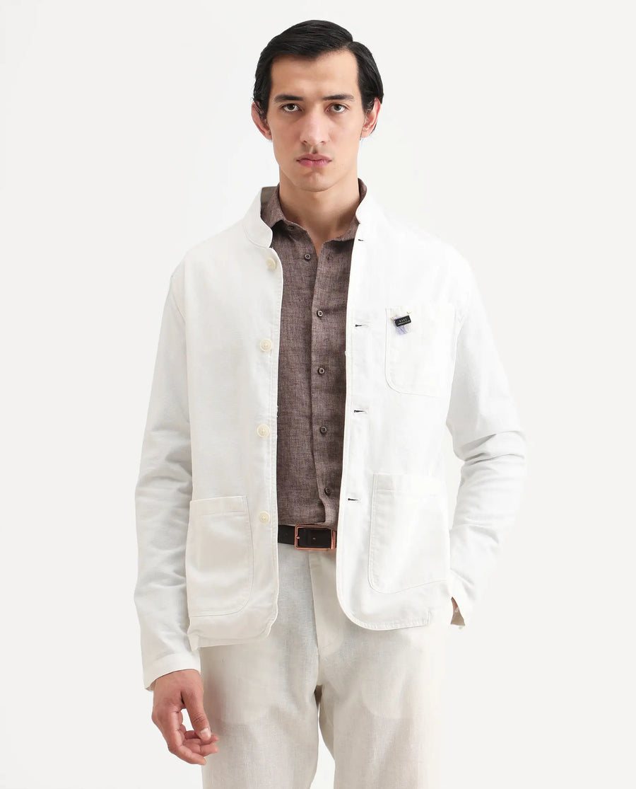 Rare Rabbit Men's Bastein Off White Cotton Plain Relaxed Fit Full Sleeve Mandarin Collar Jacket