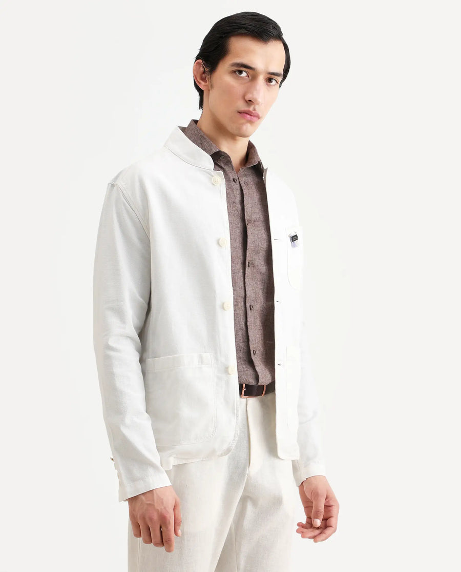 Rare Rabbit Men's Bastein Off White Cotton Plain Relaxed Fit Full Sleeve Mandarin Collar Jacket