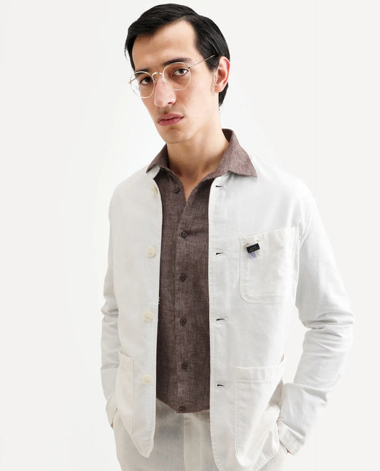 Rare Rabbit Men's Bastein Off White Cotton Plain Relaxed Fit Full Sleeve Mandarin Collar Jacket