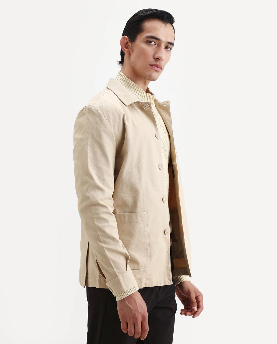 Rare Rabbit Men's Torroy Beige Cotton Blend Plain Regular Fit Full Sleeve Spread Collar Jacket