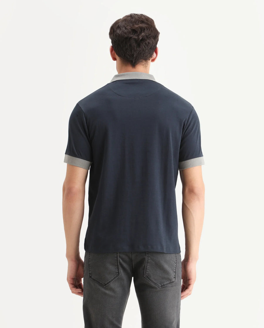 Rare Rabbit Men's Carmelon Navy Cotton Plain Regular Fit Half Sleeve Polo