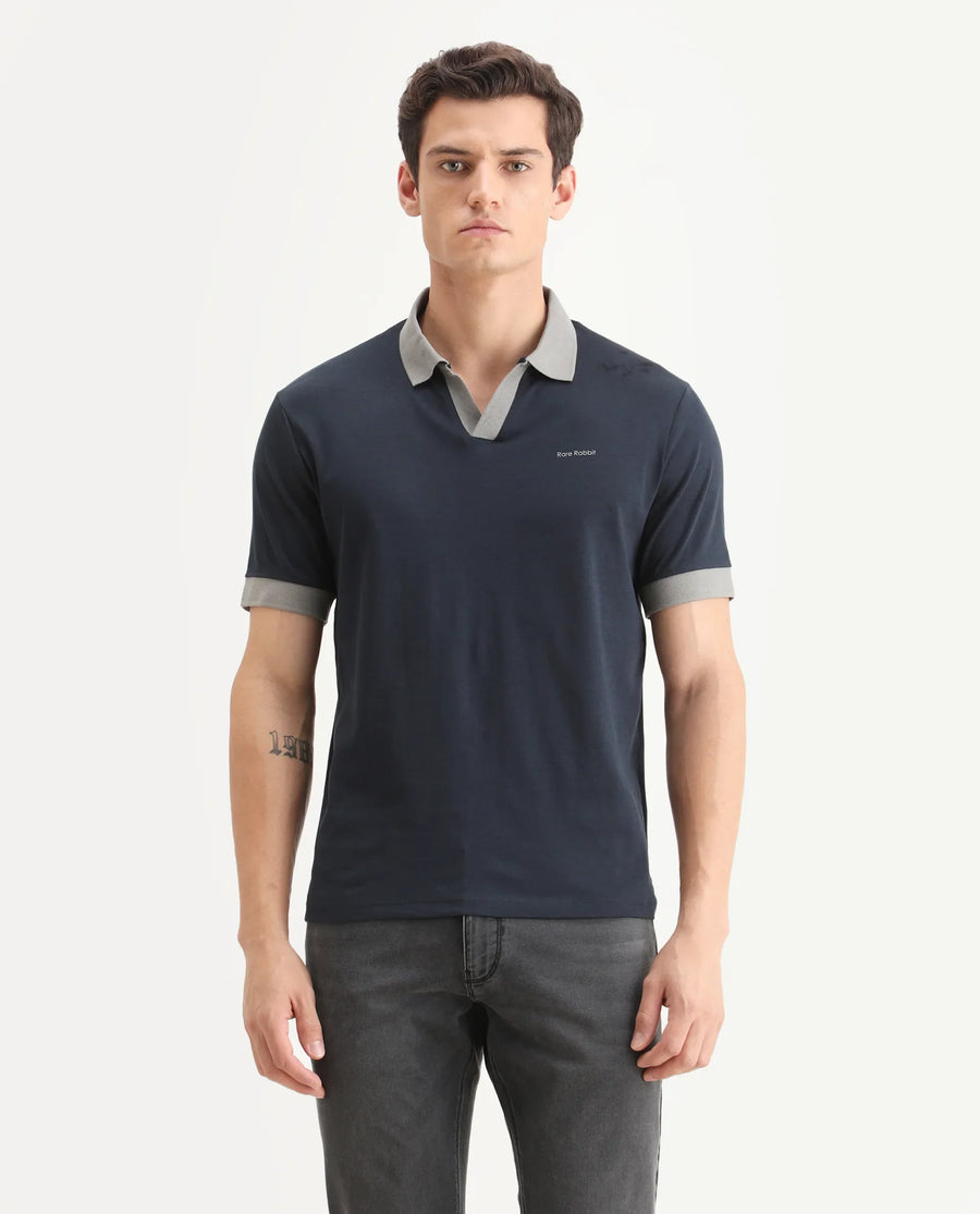 Rare Rabbit Men's Carmelon Navy Cotton Plain Regular Fit Half Sleeve Polo