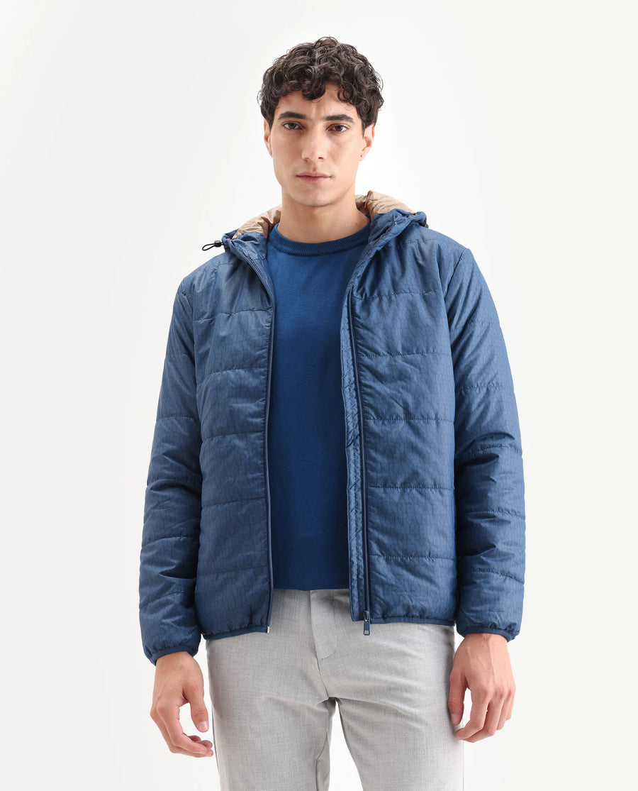 Rare Rabbit Men's Vasto Petrol Polyester Monogram Print Regular Fit Full Sleeve Hooded Jacket