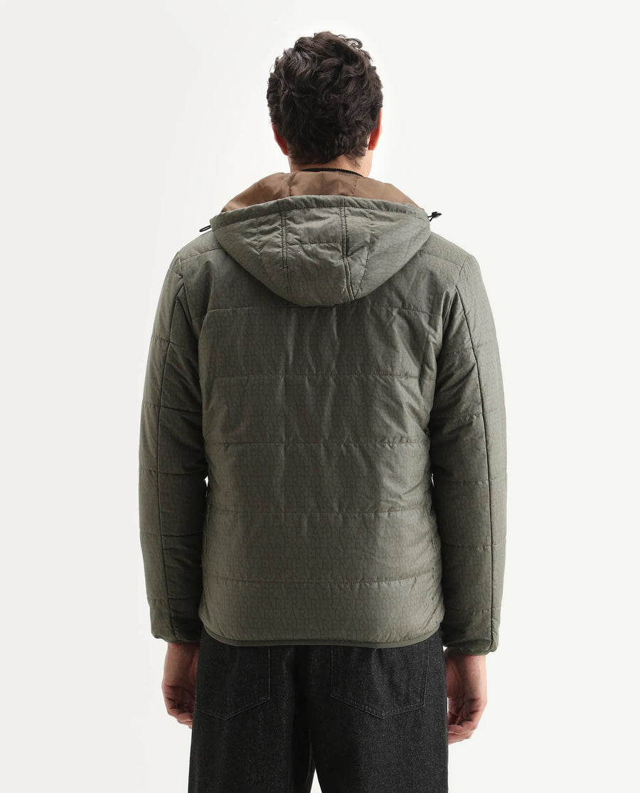Rare Rabbit Men's Vasto Olive Polyester Monogram Print Regular Fit Full Sleeve Hooded Jacket