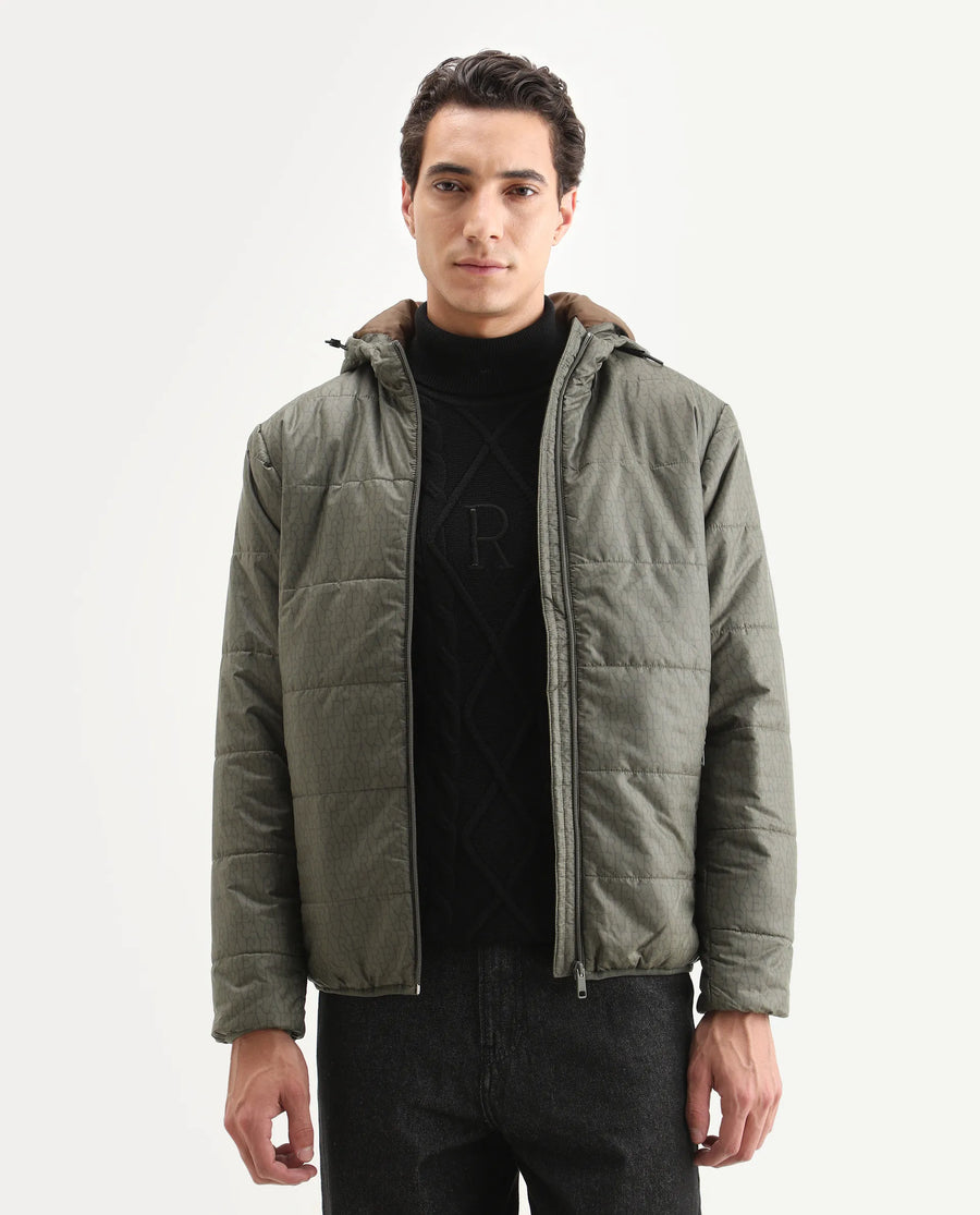 Rare Rabbit Men's Vasto Olive Polyester Monogram Print Regular Fit Full Sleeve Hooded Jacket
