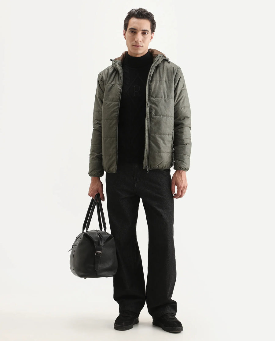 Rare Rabbit Men's Vasto Olive Polyester Monogram Print Regular Fit Full Sleeve Hooded Jacket