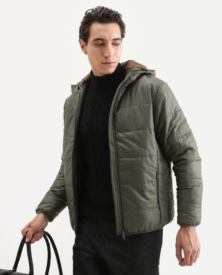 Rare Rabbit Men's Vasto Olive Polyester Monogram Print Regular Fit Full Sleeve Hooded Jacket