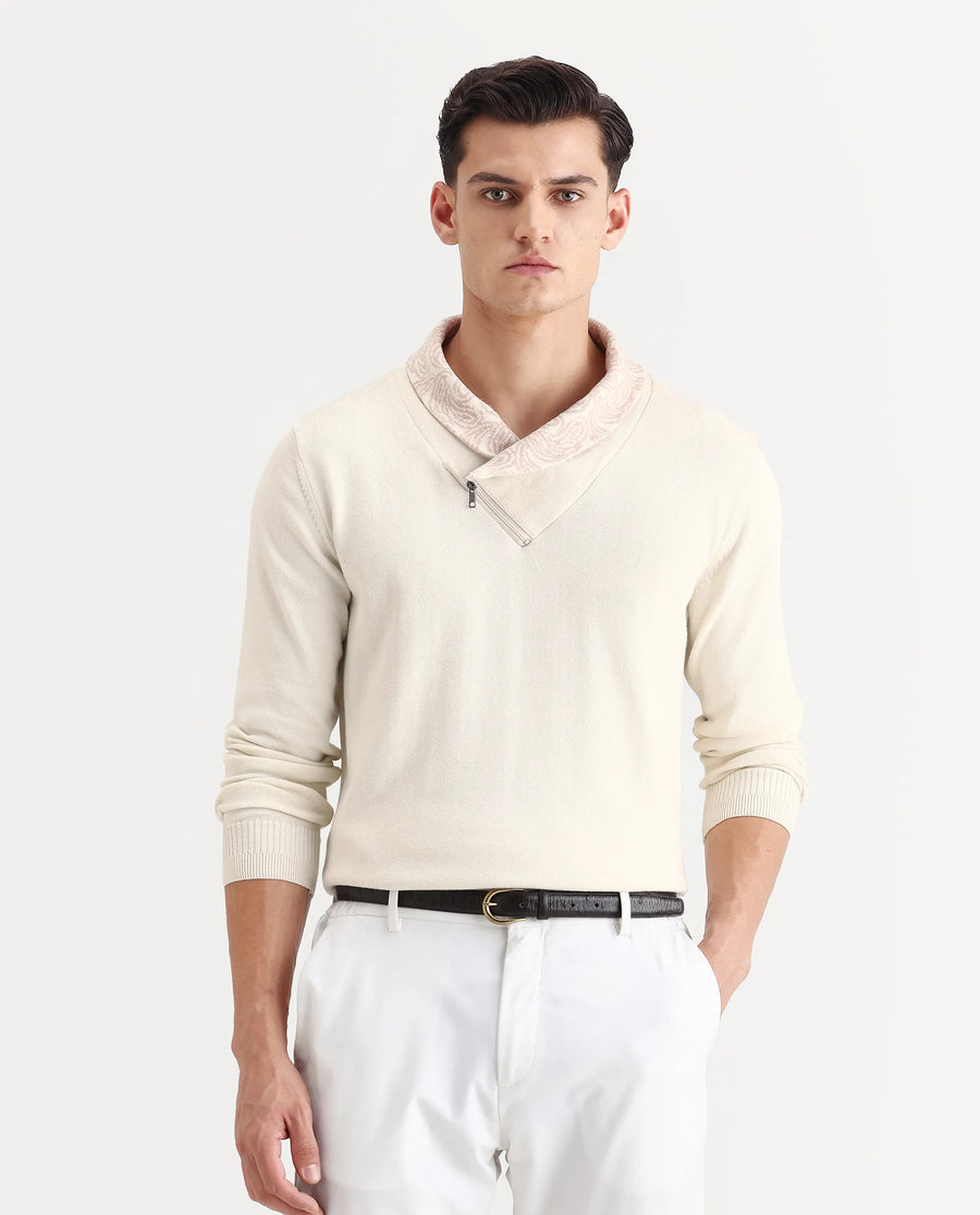 Rare Rabbit Men's Denor Beige Cotton Paisley Print Regular Fit Full Sleeve Cowl Neck Sweater