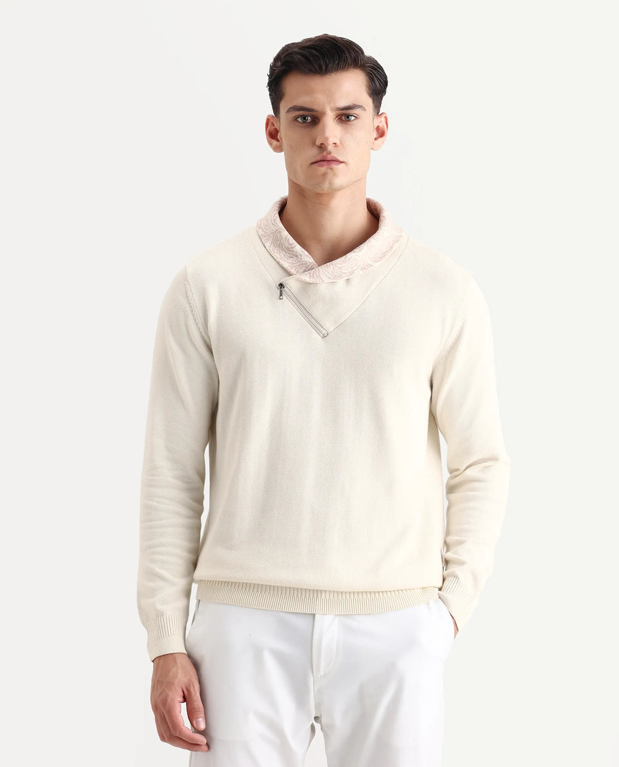 Rare Rabbit Men's Denor Beige Cotton Paisley Print Regular Fit Full Sleeve Cowl Neck Sweater