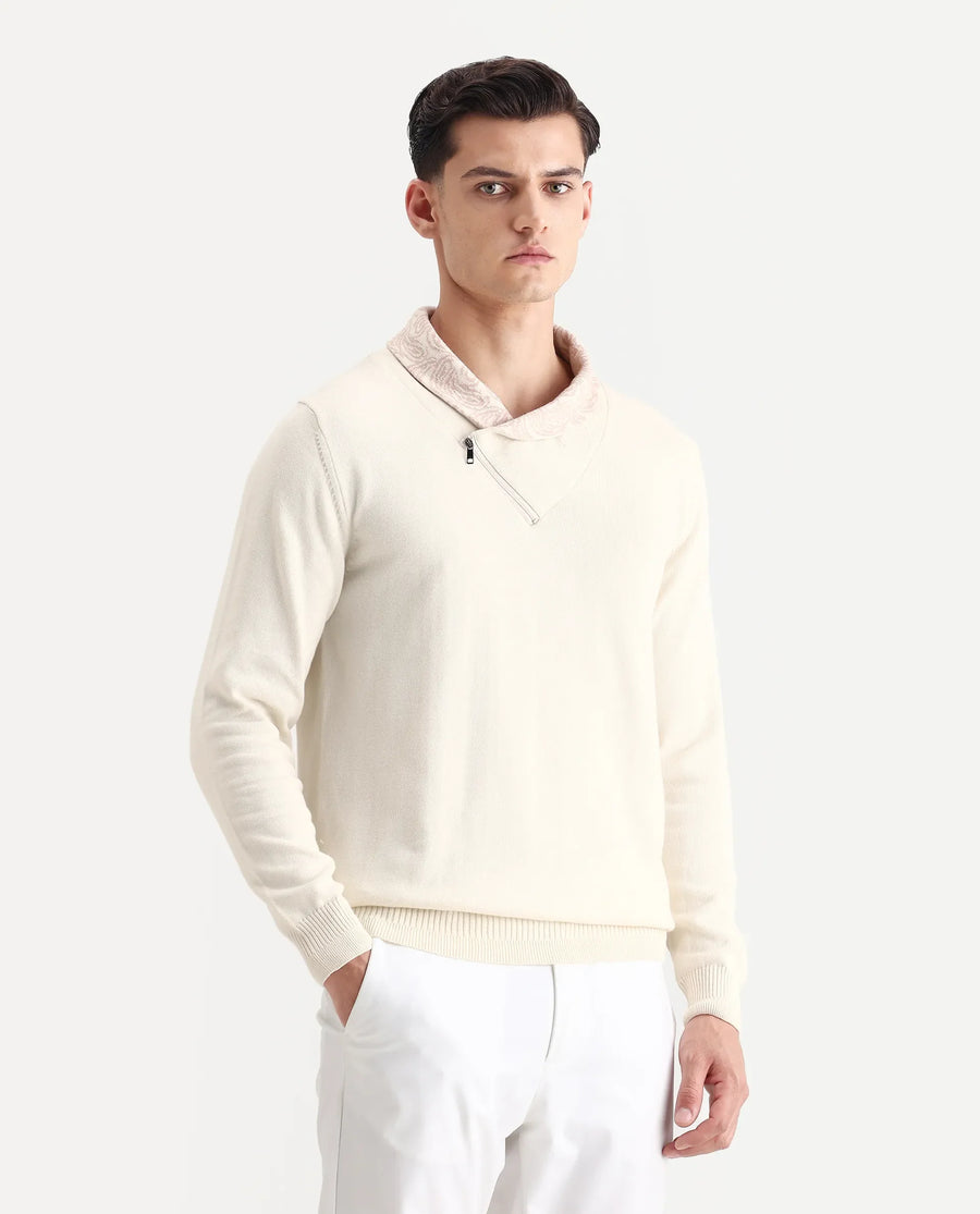 Rare Rabbit Men's Denor Beige Cotton Paisley Print Regular Fit Full Sleeve Cowl Neck Sweater