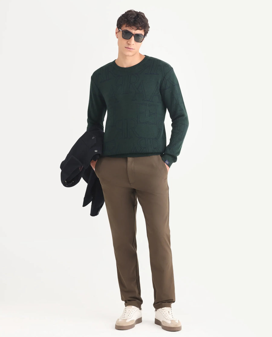 Rare Rabbit Men's Carrit Green Cotton Monogram Print Regular Fit Full Sleeve Crew Neck Sweater