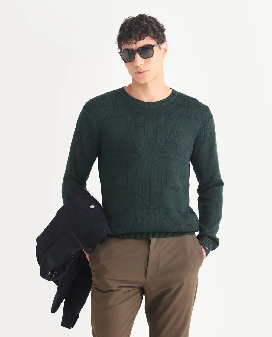 Rare Rabbit Men's Carrit Green Cotton Monogram Print Regular Fit Full Sleeve Crew Neck Sweater