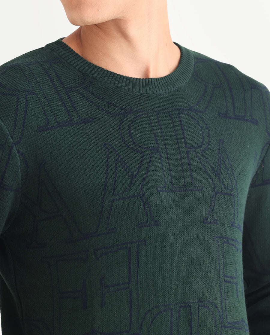 Rare Rabbit Men's Carrit Green Cotton Monogram Print Regular Fit Full Sleeve Crew Neck Sweater