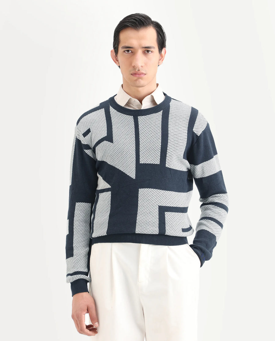 Rare Rabbit Men's Cotton Monogram Print Regular Fit Full Sleeve Crew Neck Sweater