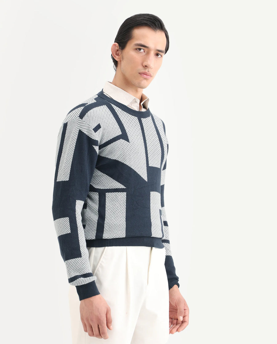 Rare Rabbit Men's Cotton Monogram Print Regular Fit Full Sleeve Crew Neck Sweater