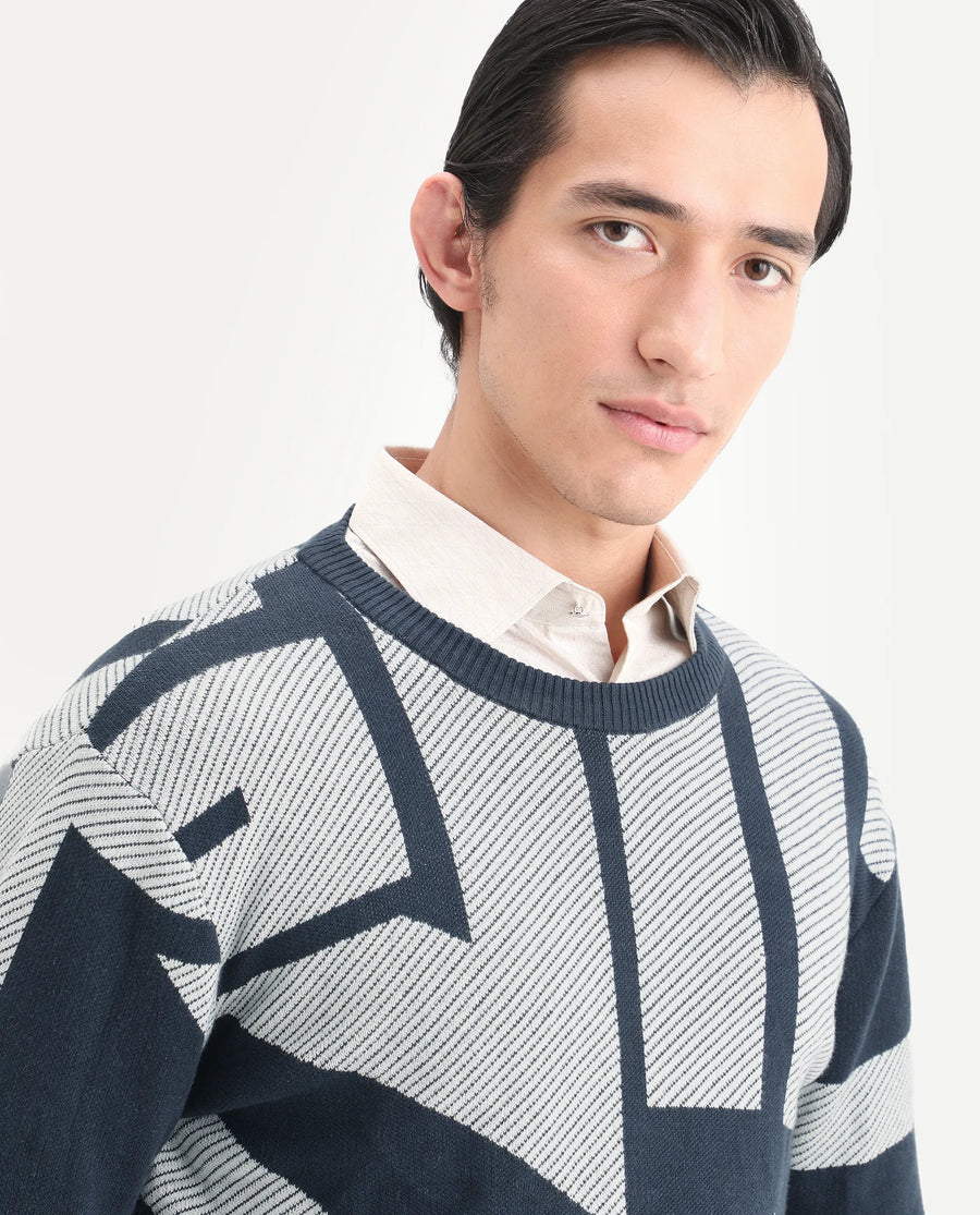 Rare Rabbit Men's Cotton Monogram Print Regular Fit Full Sleeve Crew Neck Sweater