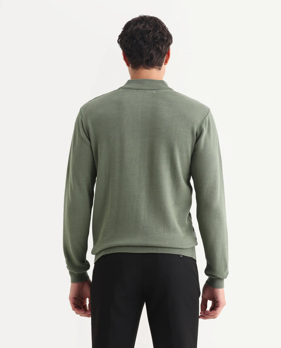 Rare Rabbit Men's Toyder Green Cotton Textured Regular Fit Full Sleeve High Neck Sweater