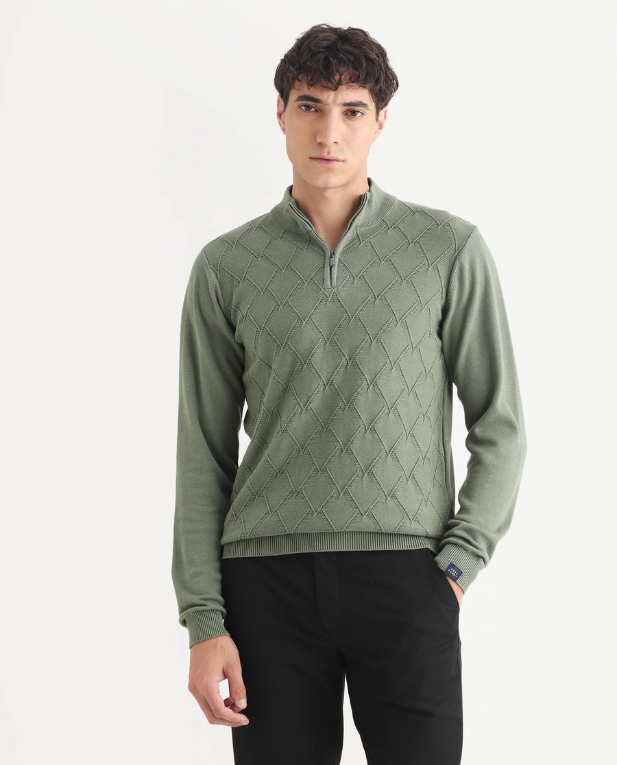 Rare Rabbit Men's Toyder Green Cotton Textured Regular Fit Full Sleeve High Neck Sweater