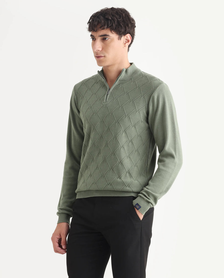Rare Rabbit Men's Toyder Green Cotton Textured Regular Fit Full Sleeve High Neck Sweater