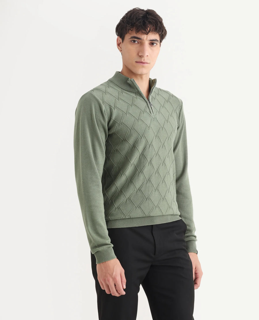 Rare Rabbit Men's Toyder Green Cotton Textured Regular Fit Full Sleeve High Neck Sweater