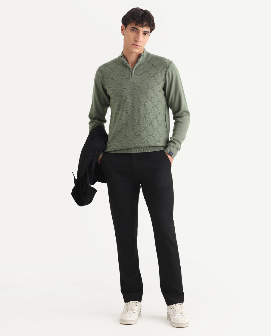 Rare Rabbit Men's Toyder Green Cotton Textured Regular Fit Full Sleeve High Neck Sweater