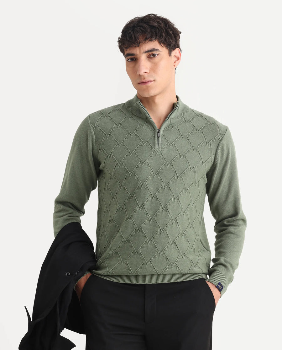 Rare Rabbit Men's Toyder Green Cotton Textured Regular Fit Full Sleeve High Neck Sweater