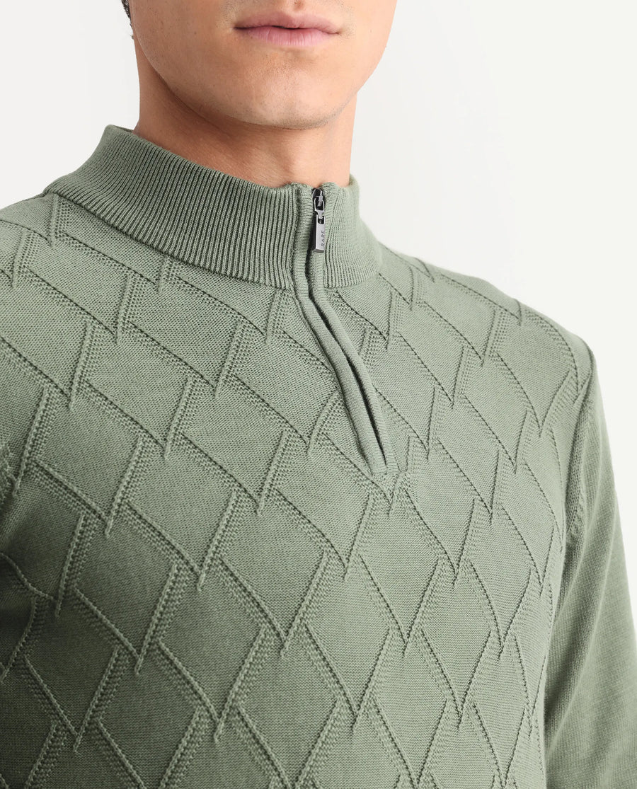 Rare Rabbit Men's Toyder Green Cotton Textured Regular Fit Full Sleeve High Neck Sweater