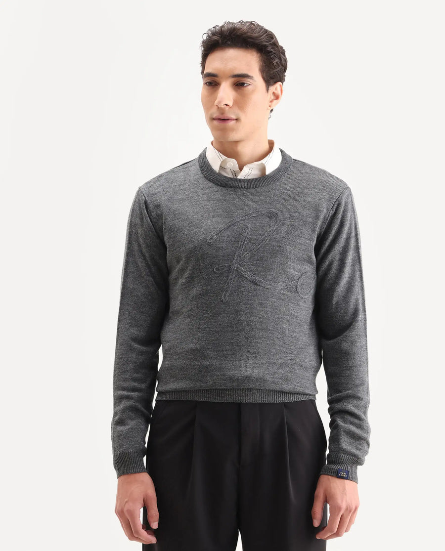 Rare Rabbit Men's Saturno Dusky Grey Acrylic Embroidered Regular Fit Full Sleeve Crew Neck Sweater