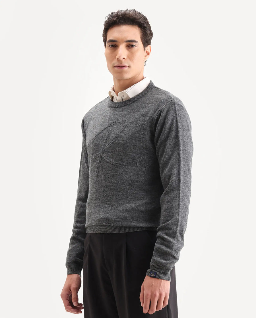 Rare Rabbit Men's Saturno Dusky Grey Acrylic Embroidered Regular Fit Full Sleeve Crew Neck Sweater
