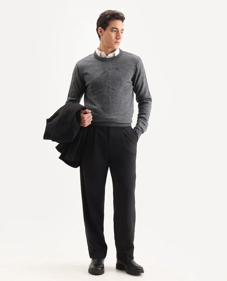 Rare Rabbit Men's Saturno Dusky Grey Acrylic Embroidered Regular Fit Full Sleeve Crew Neck Sweater