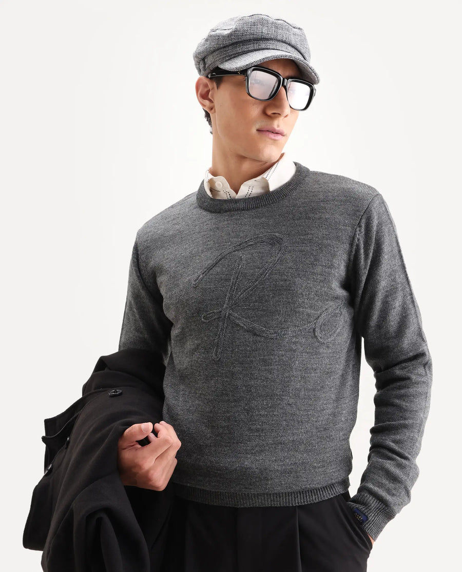 Rare Rabbit Men's Saturno Dusky Grey Acrylic Embroidered Regular Fit Full Sleeve Crew Neck Sweater