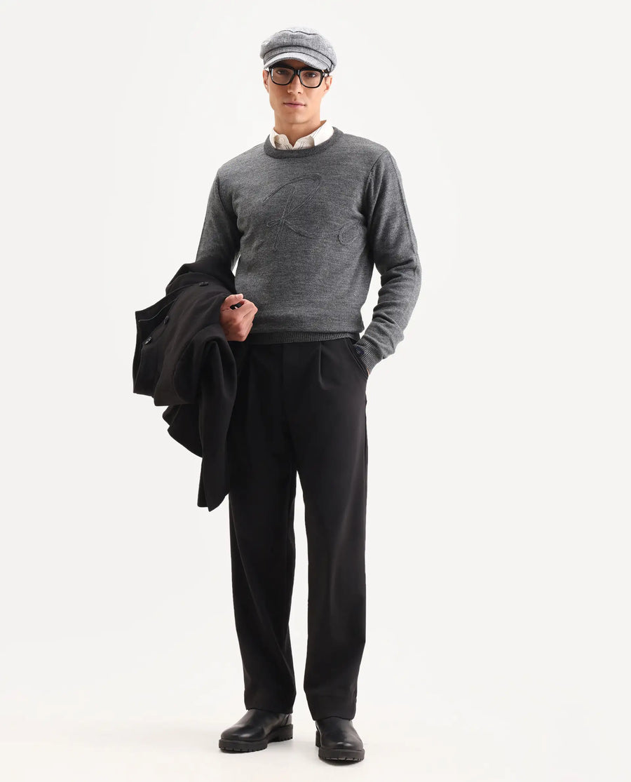 Rare Rabbit Men's Saturno Dusky Grey Acrylic Embroidered Regular Fit Full Sleeve Crew Neck Sweater
