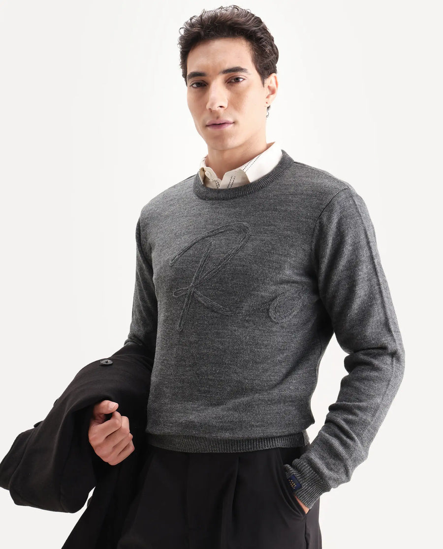 Rare Rabbit Men's Saturno Dusky Grey Acrylic Embroidered Regular Fit Full Sleeve Crew Neck Sweater
