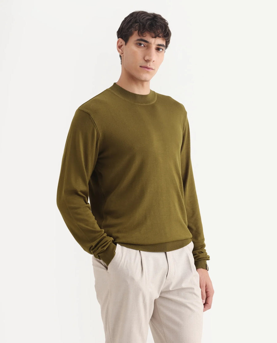 Rare Rabbit Men's Alfot Olive Viscose Plain Regular Fit Full Sleeve High Neck Sweater