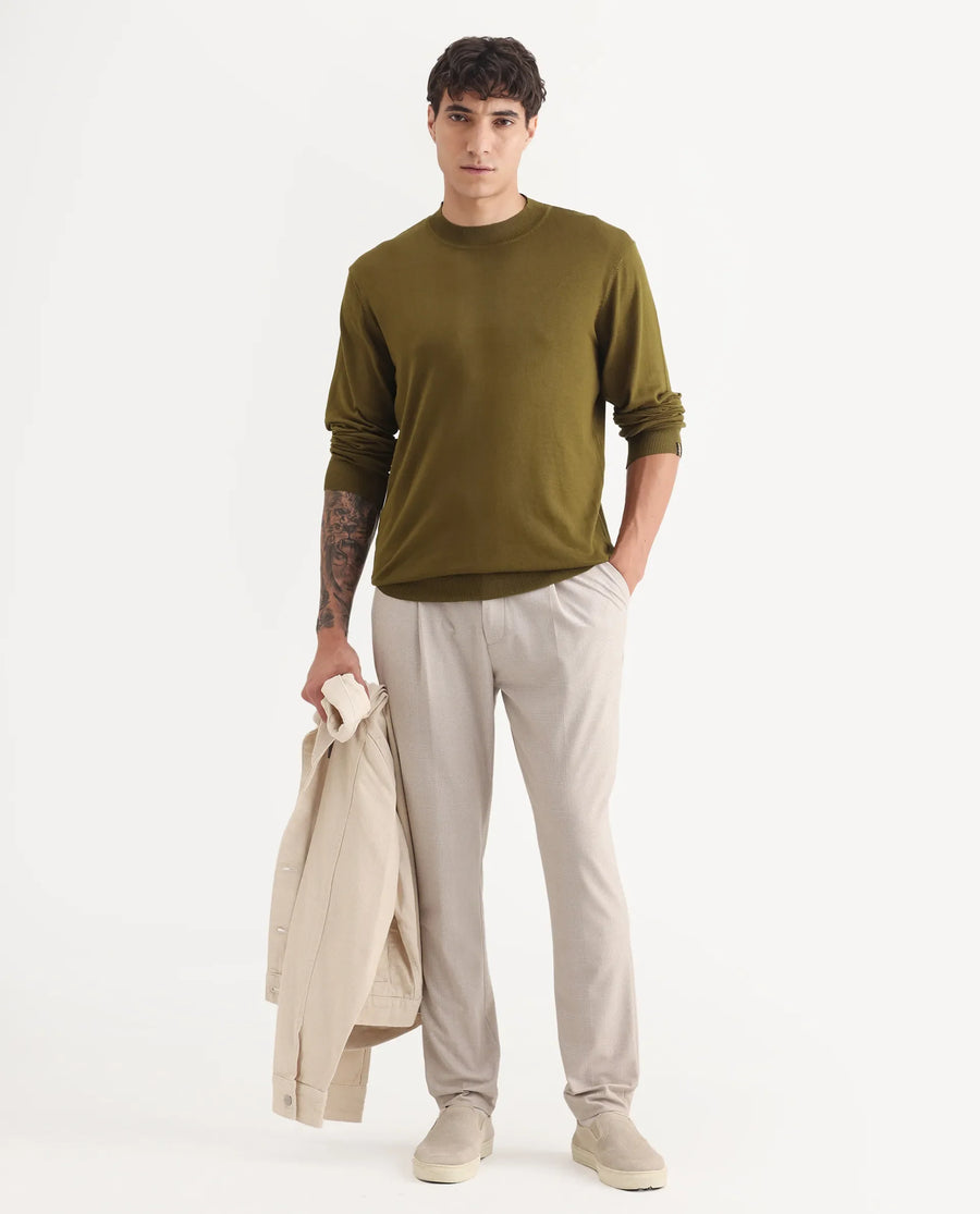 Rare Rabbit Men's Alfot Olive Viscose Plain Regular Fit Full Sleeve High Neck Sweater