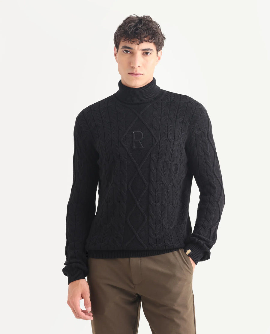 Rare Rabbit Men's Cong-1 Black Cotton Textured Regular Fit Full Sleeve Turtle Neck Sweater