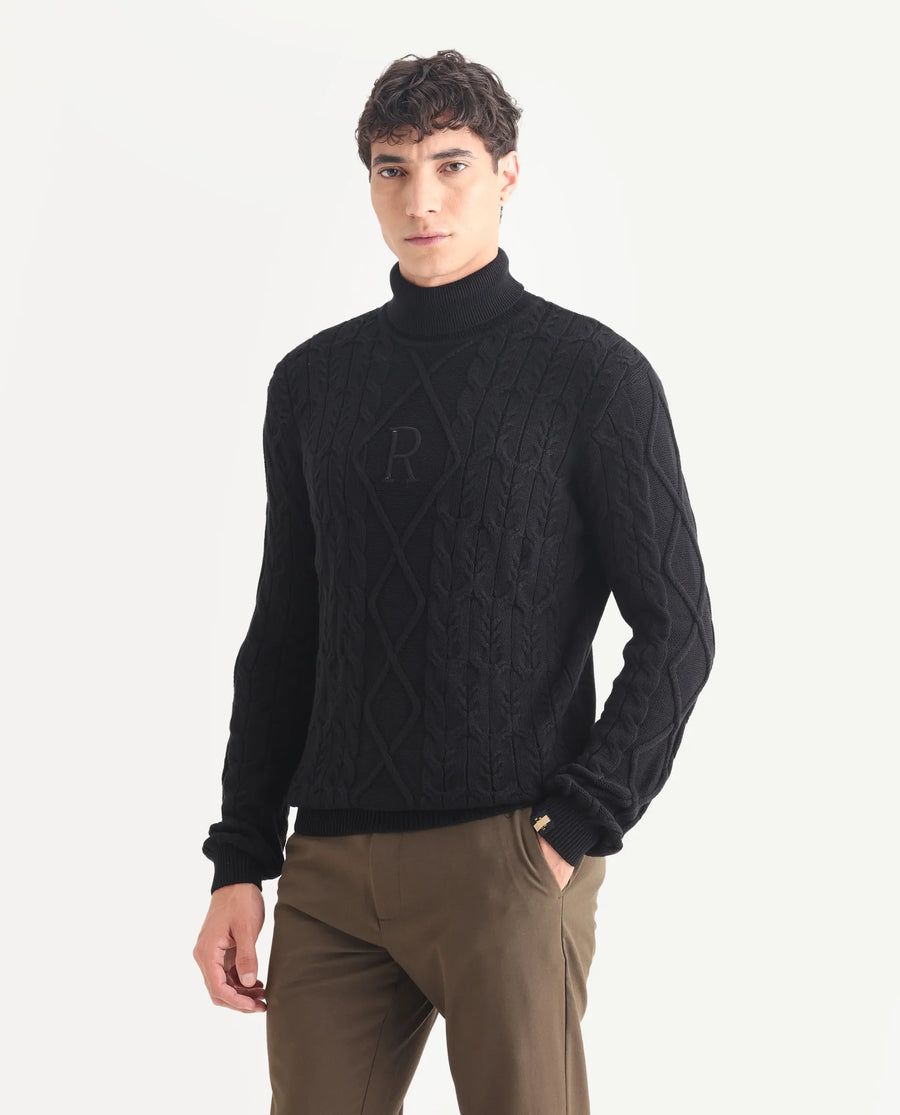 Rare Rabbit Men's Cong-1 Black Cotton Textured Regular Fit Full Sleeve Turtle Neck Sweater