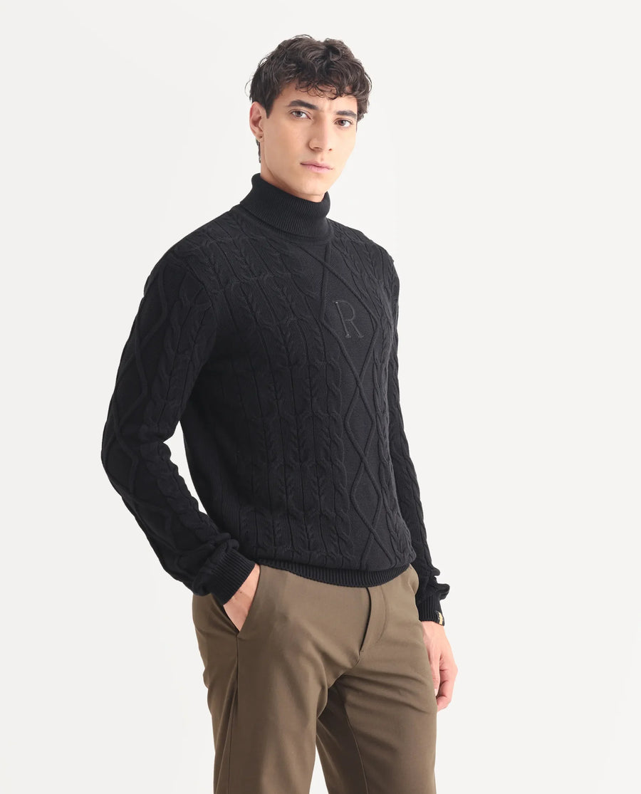 Rare Rabbit Men's Cong-1 Black Cotton Textured Regular Fit Full Sleeve Turtle Neck Sweater