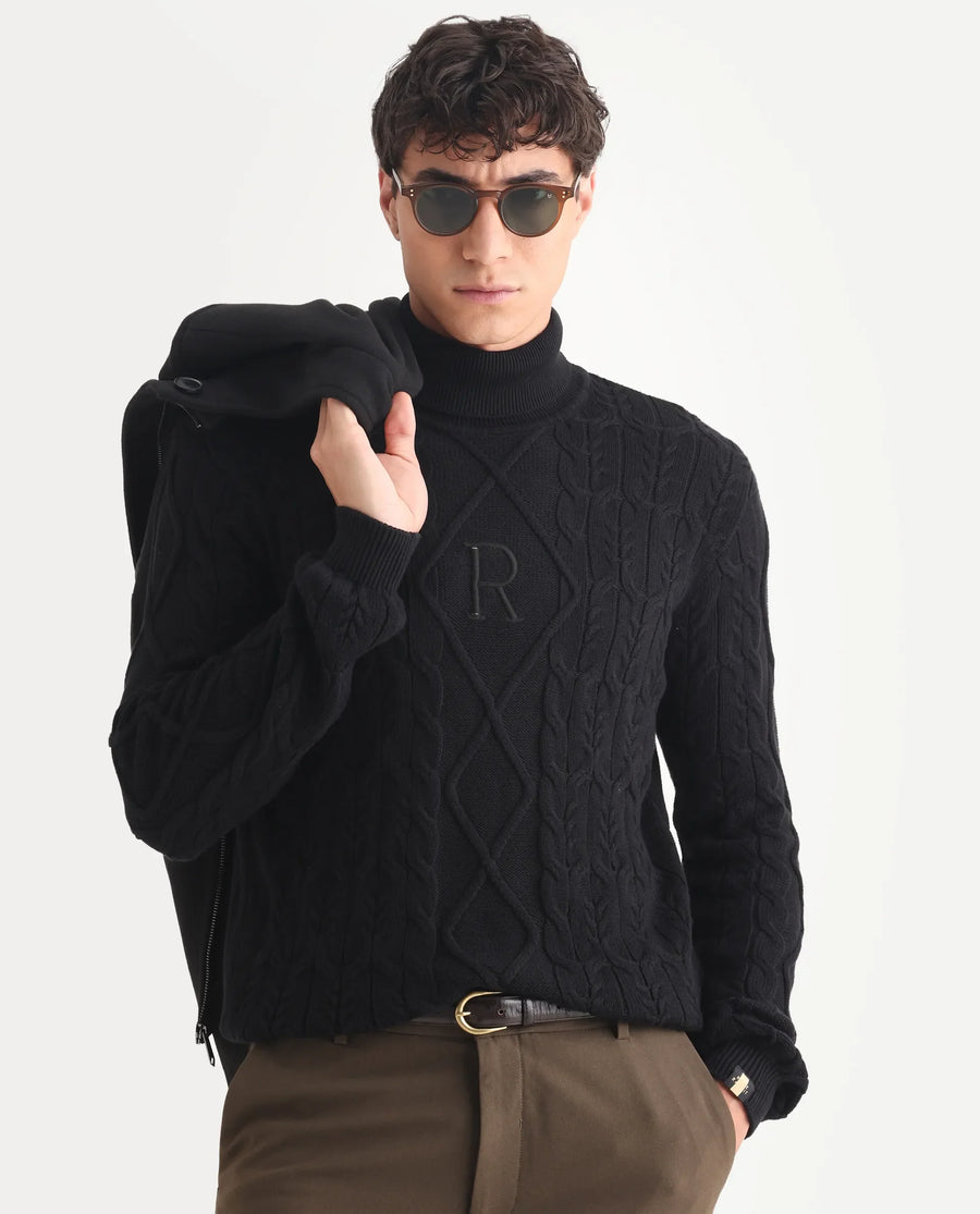 Rare Rabbit Men's Cong-1 Black Cotton Textured Regular Fit Full Sleeve Turtle Neck Sweater